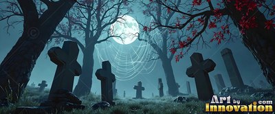 In a hazy graveyard, cross tombstones stand under a round moon and spiderweb