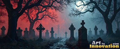 Standing under bare trees, tombstones line a misty graveyard under red and blue skies