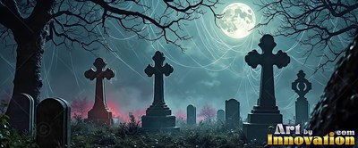 Cross tombstones stand under a night moon in a foggy cemetery