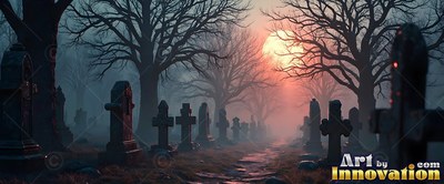 Carved stone crosses line a dirt path through a foggy cemetery beneath bare trees and a night moon
