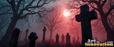 Stone crosses stand among bare trees in a graveyard under a bright pink moon