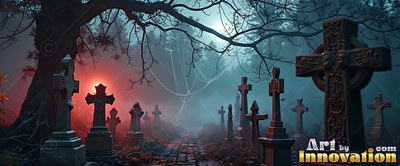 Low angle view of cross headstones along a path in a graveyard in the mist at night