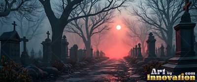 A full moon sits low over a graveyard in the fog path between dark stone tombs