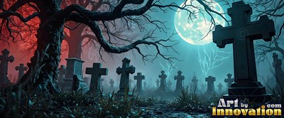 In a blue foggy cemetery, stone crosses stand beneath a large full moon