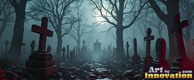 Standing in blue fog, dark stone crosses line a graveyard path under the round moon