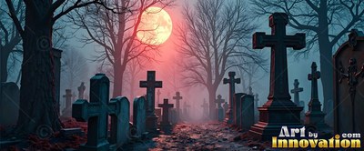 Stone crosses in a foggy cemetery under a red round moon