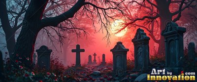 Stone cross headstone stands in a misty cemetery under bare trees and a red sky