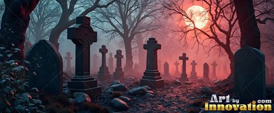 Cross-shaped tombstones stand across a hazy graveyard lit by a reddish night moon