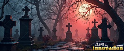 Facing a stone path in a foggy graveyard lined with crosses under a red moon