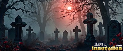 A moon shines red through fog over stone crosses in a graveyard