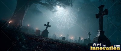In a graveyard in the fog, a large spiderweb hangs above stone crosses under blue moonlight