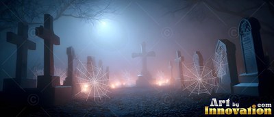 Stretching into blue fog, a path crosses tombstones covered in cobwebs