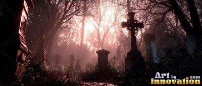 Stone crosses and tombstones in a foggy dark graveyard