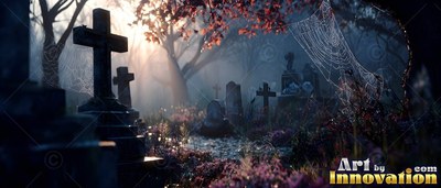 Dewy spider webs hang on dark stone crosses in a foggy cemetery with soft backlighting