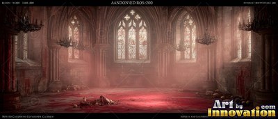 A ruined stone hall fills with red mist that catches pale daylight through gothic windows