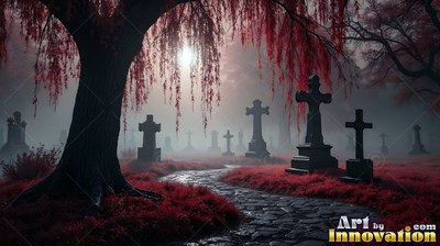 Curving past dark headstones, a stone path sits under red trees in fog