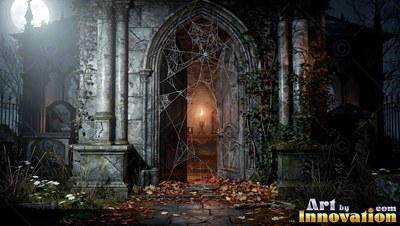 Spiderwebs cover an open stone crypt door with a lit candle inside