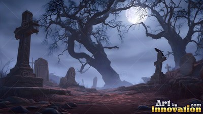 In a foggy graveyard, a black crow sits on a stone cross beneath a bare tree