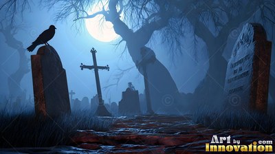 Perching on a tombstone, a black raven looks across a foggy blue graveyard under a night moon