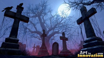 Stone cross headstones covered in cobwebs under a night moon in blue fog