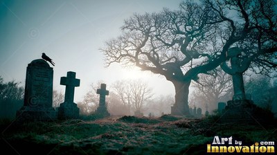 A black crow sits on a stone marker in a misty graveyard with bare oak trees