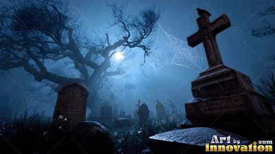 A black crow perches on a stone cross in a hazy graveyard under a blue moon