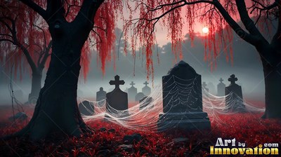 Viewed straight on, cobwebs cover dark tombstones under red trees in foggy woods