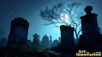 Old stone graves sit in blue night fog beneath a bright full moon and bare tree