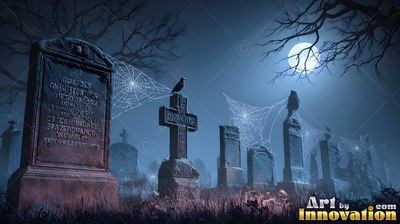 In a misty graveyard under a round moon, a black crow perches on a stone cross