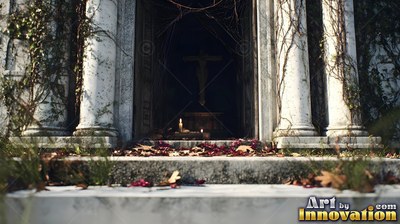 Standing open in shadow, a stone crypt entrance reveals a crucifix lit by candles