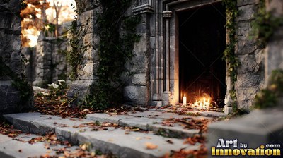Stone crypt doorway with lit candles on the steps outside