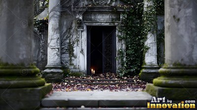 Cracked stone pillars frame a dark crypt doorway lit by two small candles in the night