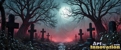 Stone crosses line a rocky path between bare trees under a pale moon with red mist