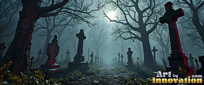 Facing forward down a misty graveyard path between dark stone crosses under the moon