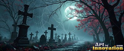 Cross headstones stand in a foggy cemetery beneath a moon and spiderwebs