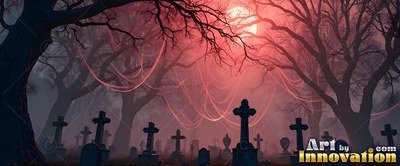 In a foggy red cemetery, dark stone crosses stand beneath bare trees