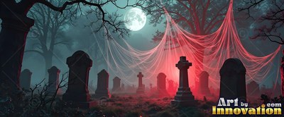 Shrouded in red cobwebs, a graveyard in the mist stands under a bright full moon
