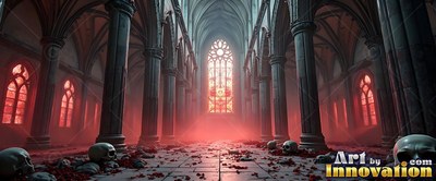 A stone cathedral with skulls on the floor and red light