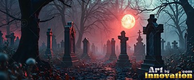 Carved stone headstones stand in a misty graveyard under a large reddish full moon