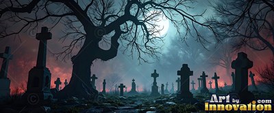 Cross tombstones sit under a bare tree beneath a round bright full moon in a blue night sky
