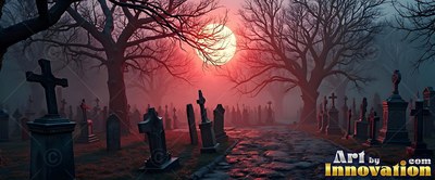 Facing forward along a stone path in a graveyard in the mist under a red moon