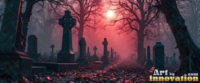 A graveyard lined with dark headstones sits under thick fog and a red moon