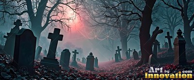 In a foggy cemetery, dark tombstones stand under bare trees and spider webs