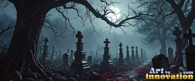 Standing in blue fog, stone crosses fill a dark cemetery under a bright moon