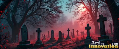 Tombstones in a cemetery under red fog and bare trees
