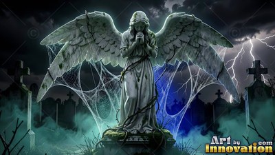 Cobwebs stretch under the wings of a stone angel standing in a foggy cemetery under lightning