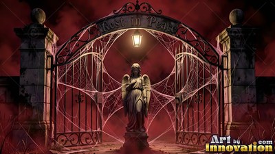 A stone angel stands behind an open iron gate covered in webs under a dim lantern and red fog