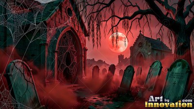 Leaning headstones sit in a graveyard in the mist under a red round moon