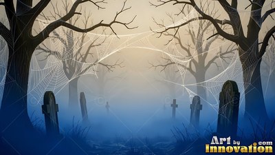Bare trees and tombstones stand covered in large spiderwebs in blue fog