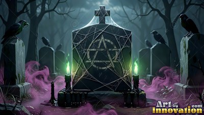 In a dark graveyard, black ravens sit near a webbed headstone flanked by green candles